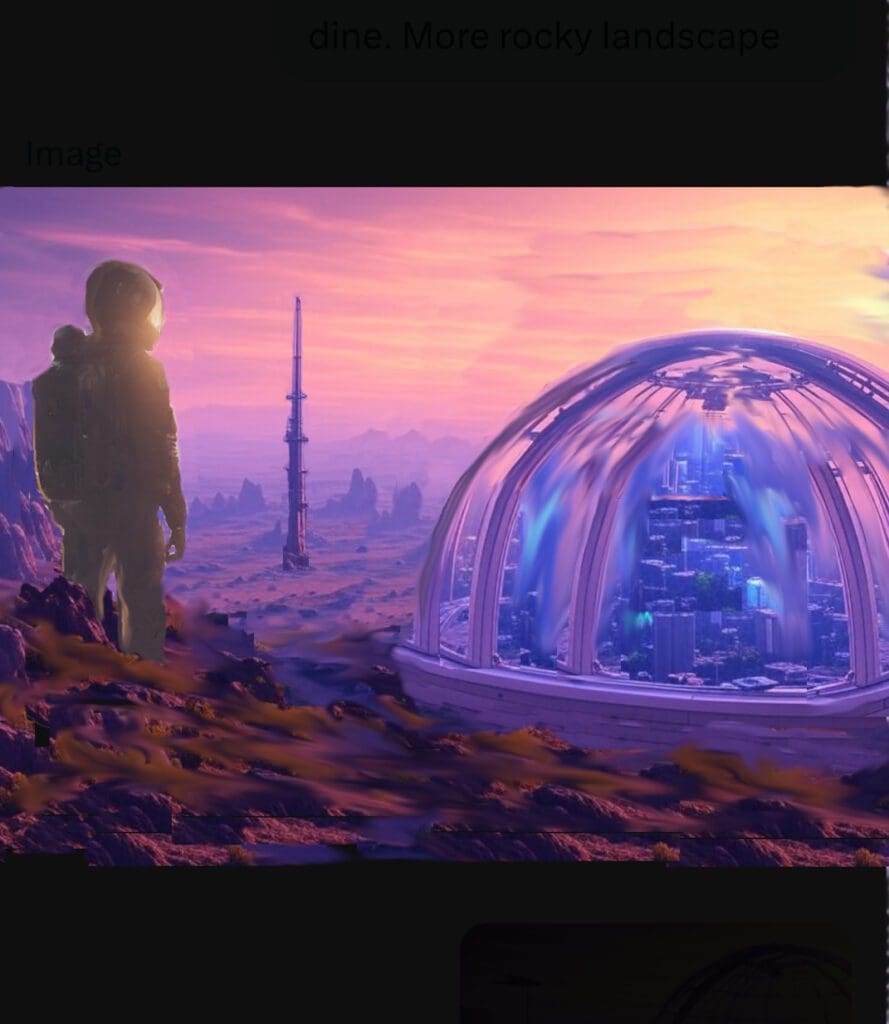 Astronaut exploring a futuristic dome on an alien planet at sunset.
