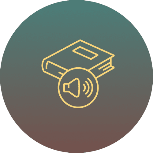 Book with audio icon on gradient background.