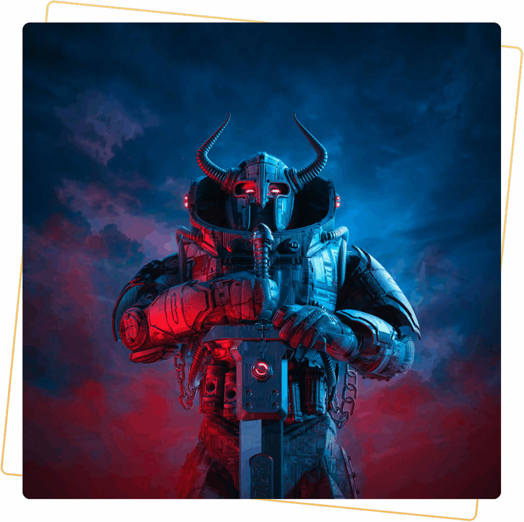 A futuristic armored soldier with glowing red accents in a dark setting.