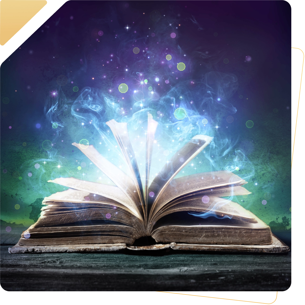 Open book with magical glowing light.